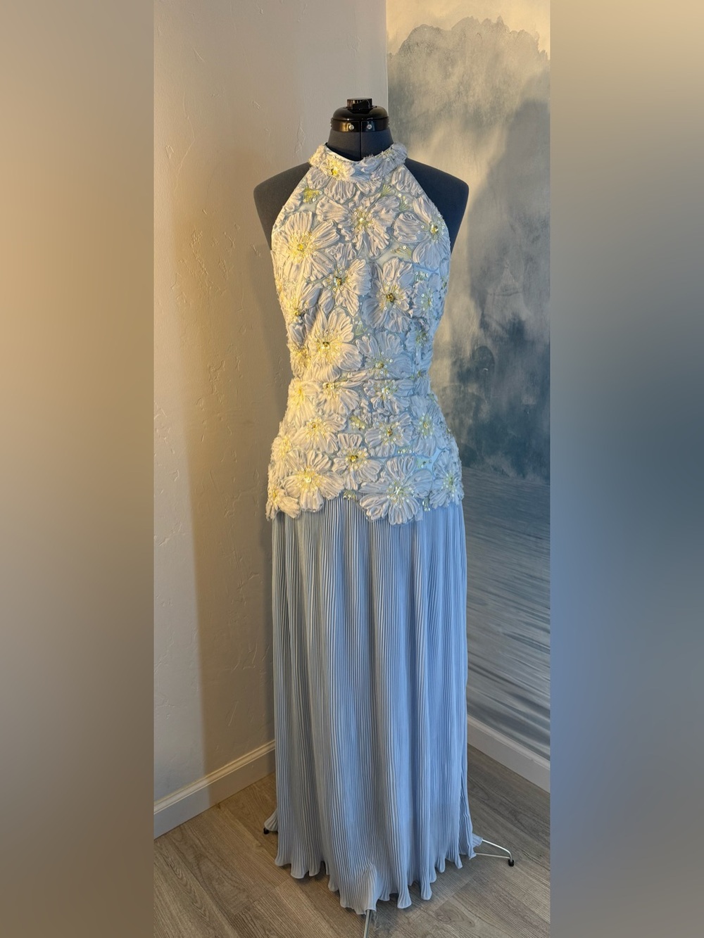 Halter Floral Appliqué Light Blue Evening Gown#415